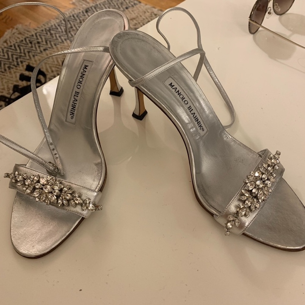Silver manolo blahnik embellished heel sandal 37.5